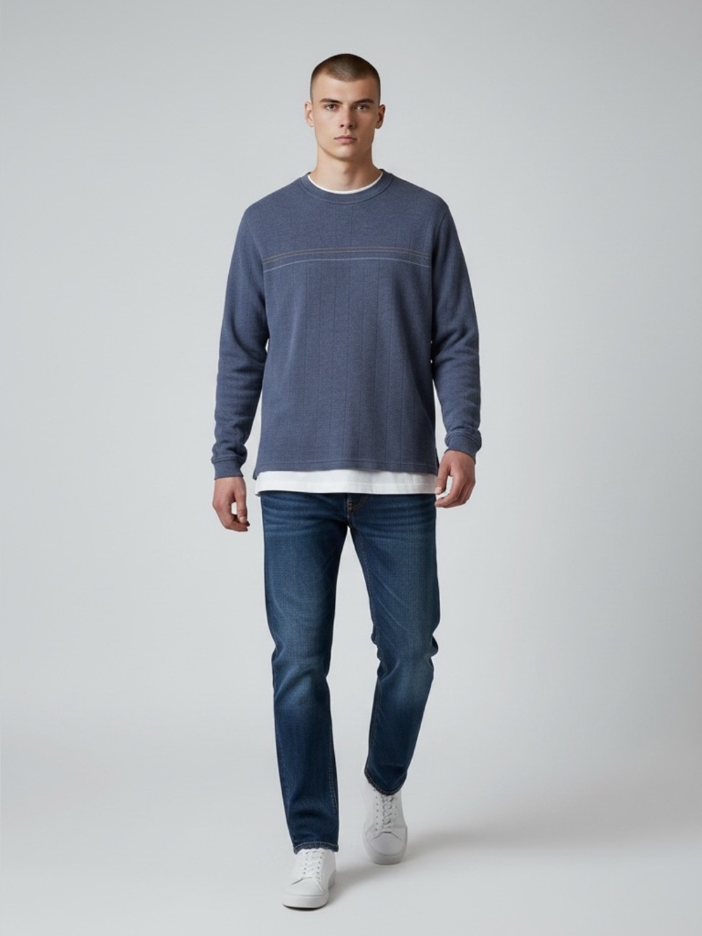 Arrow Men's Cotton Crewneck Pullover Sweater Stripes Blue Size Medium